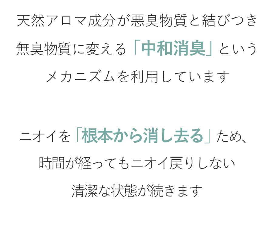 ティーセントは、天然アロマ成分が悪臭物質と結びつき無臭物質に変える「中和消臭」というメカニズムを利用しています。